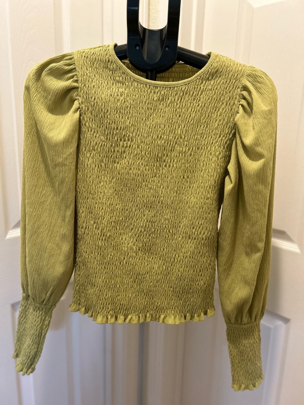 Anthropologie Olive Green Smocked Puff-Sleeve Blouse